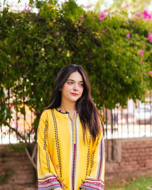 Yellow Storm Co-Ord Set – Silky Lawn 2-Piece (Stitched)